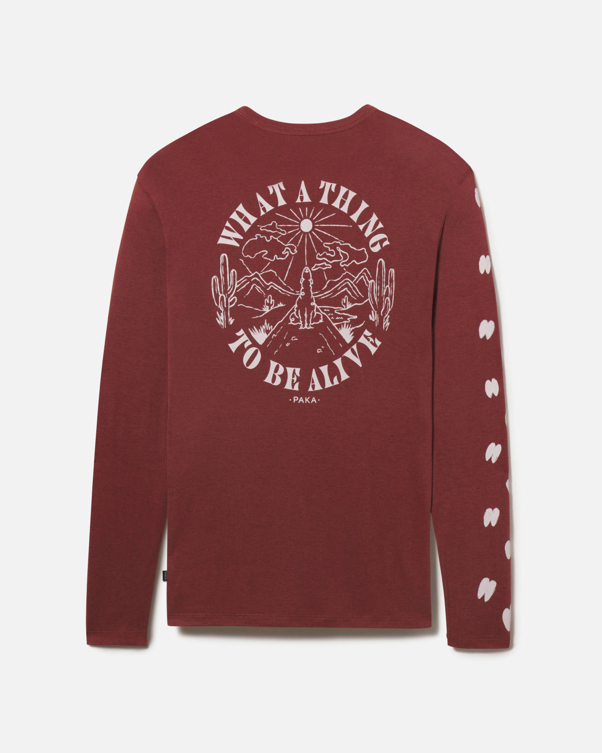 Red alpaca base layer back shot with image of alpaca and text that says "what a thing to be alive"