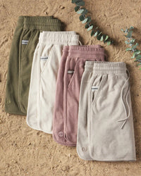 Men’s Alpaca Terry Shorts on Sand in Andean Moss / Dark Green, Sandstone / Off White, Iron Oxide / Pink, and Timber / Grey – PAKA Apparel